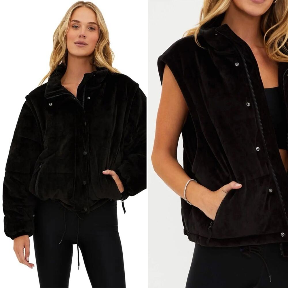 BEACH RIOT Kris Puffer Jacket Black Velvet Zip Snap Stretch Pockets Medium NEW